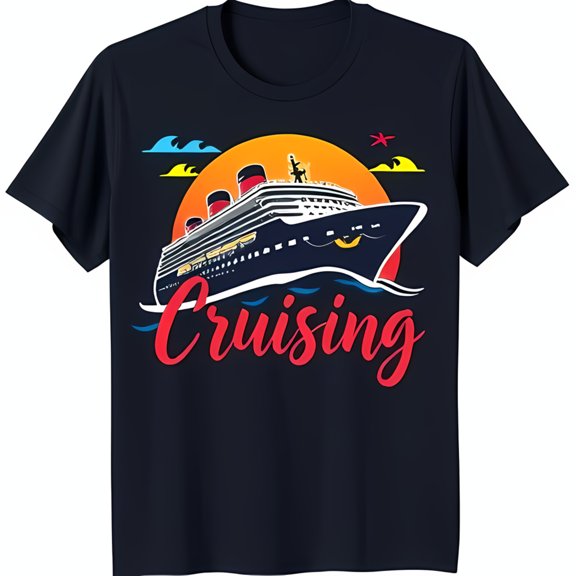 Stylish Black T-Shirt with Vibrant Cruise Ship Sunset Graphic for Beach Days
