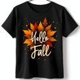 thumbnail image 1 of Stylish Black T-Shirt with Vibrant Fall Leaves & Hello Fall Graphic, 1 of 5