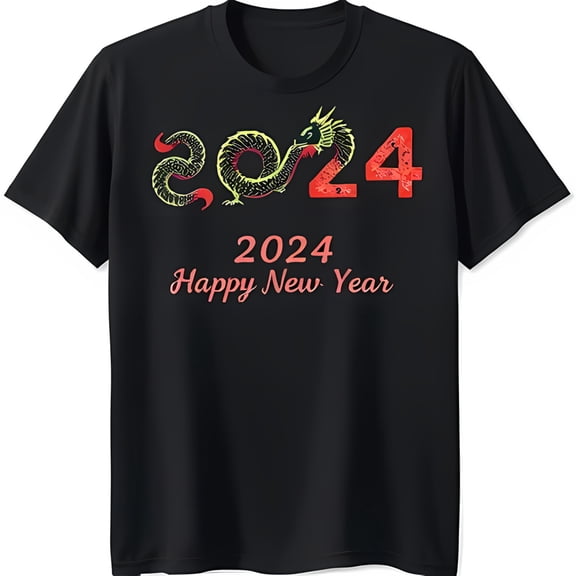 Stylish Black T-Shirt with Vibrant Graphic & Happy New Year 2024 Design