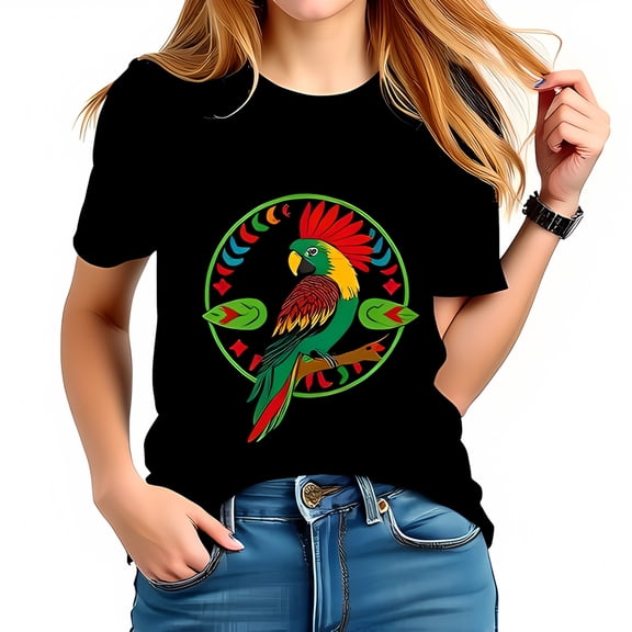 Stylish Black T-Shirt with Vibrant Parrot Design - Unique Folk Art Inspired Graphic Tee for Casual Wear
