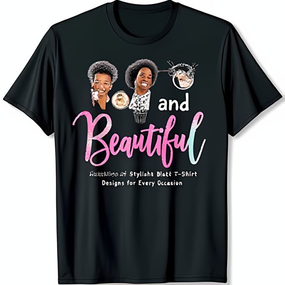 Stylish Black T-Shirt with Vibrant Pink & Blue Afro Women Graphic and Beautiful
