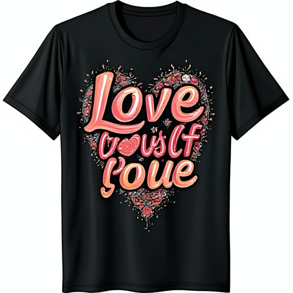 Stylish Black T-Shirt with Vibrant Pink & Red Heart Graphic Love Yourself Design