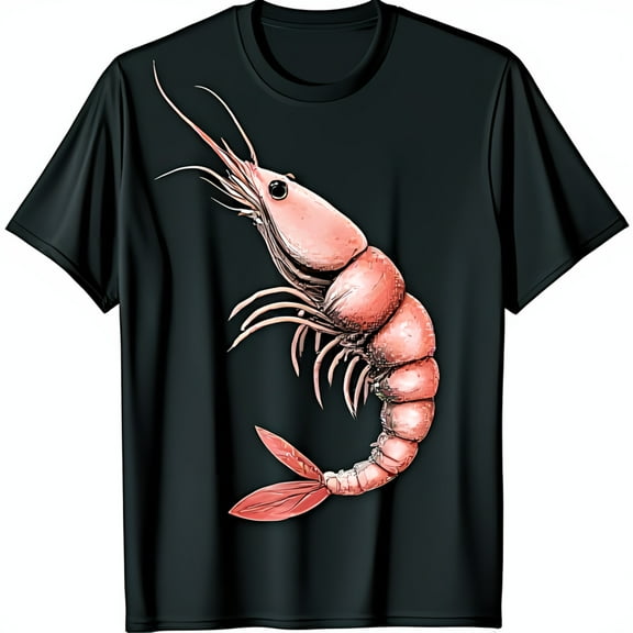 Stylish Black T-Shirt with Vibrant Pink Shrimp Graphic Unique Chest Design