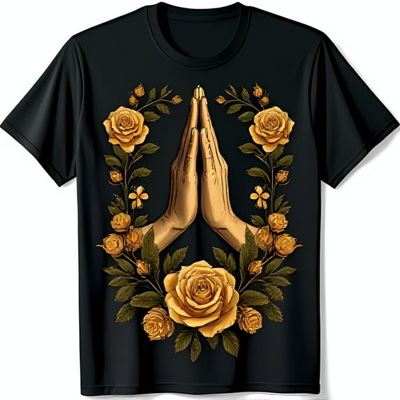 Stylish Black T-Shirt with Vibrant Prayer Hands Graphic & Yellow Roses Design
