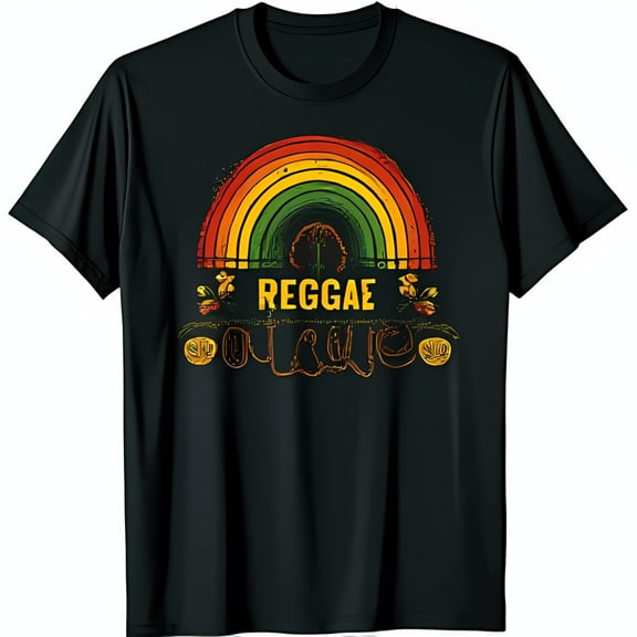Stylish Black T-Shirt with Vibrant Reggae Inspired Chest Graphic for Music Lovers