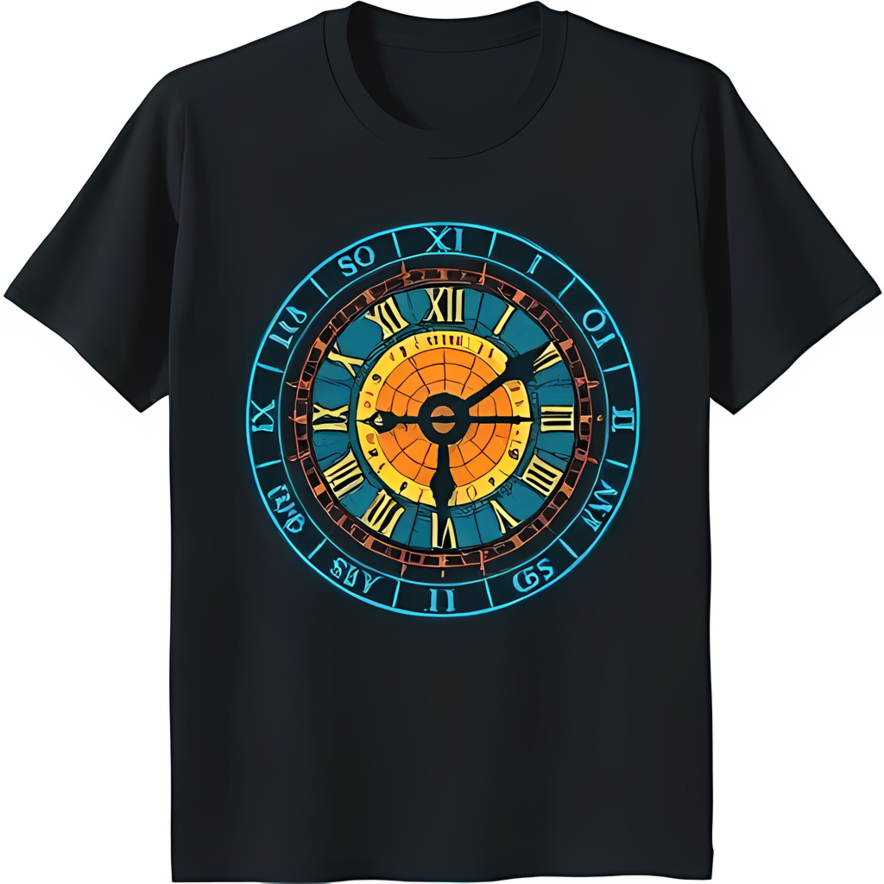 Stylish Black T-Shirt with Vibrant Roman Numeral Clock Face Design ...