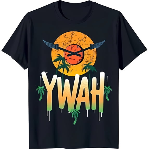 Stylish Black T-Shirt with Vibrant Sun Graphic Trees & YWAH Design