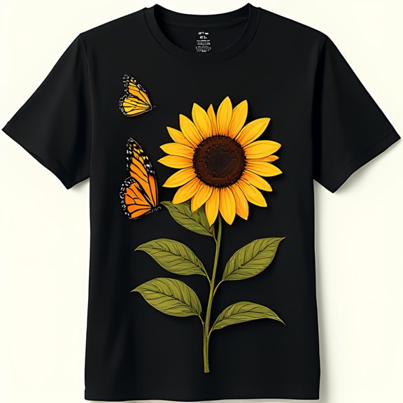 Stylish Black T-Shirt with Vibrant Sunflower and Colorful Butterflies Graphic