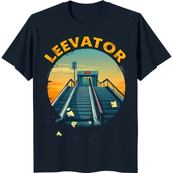 Stylish Black T-Shirt with Vibrant Sunset Escalator Graphic Design