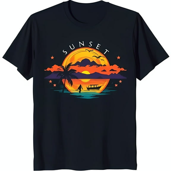 Stylish Black T-Shirt with Vibrant Sunset Graphic Tree & Birds