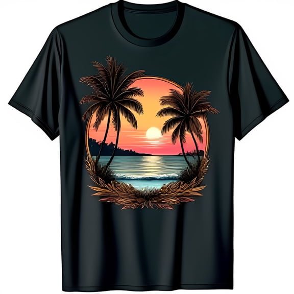 Stylish Black T-Shirt with Vibrant Tree Graphic and Sunset Design
