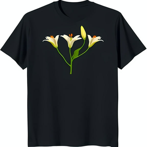 Stylish Black T-Shirt with Vibrant White Lily Graphic and Green Accents