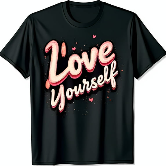 Retro Love Yourself Graphic T-Shirt for Women Pink & White Textured Design with Hearts Black Tee for Self Love & Positivity