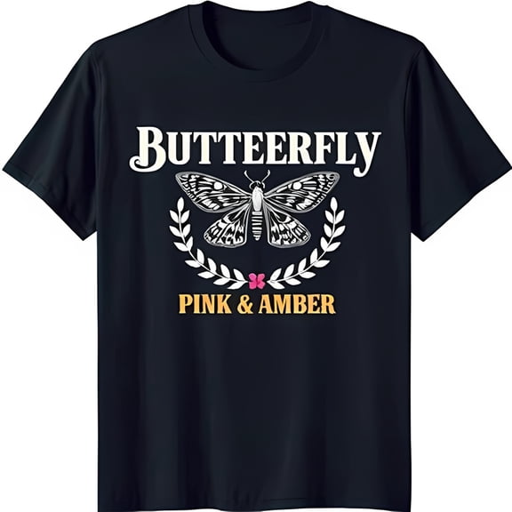 Stylish Black T-Shirt with White Butterfly Graphic & Wreath Design