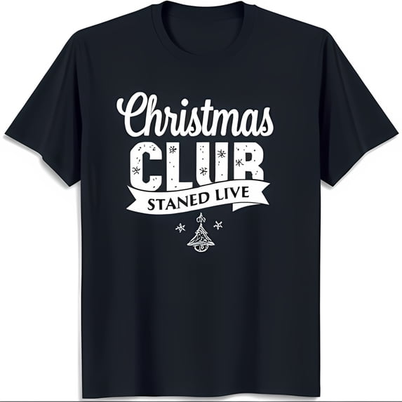 Stylish Black T-Shirt with White 'Christmas Club' Graphic & Snowflakes