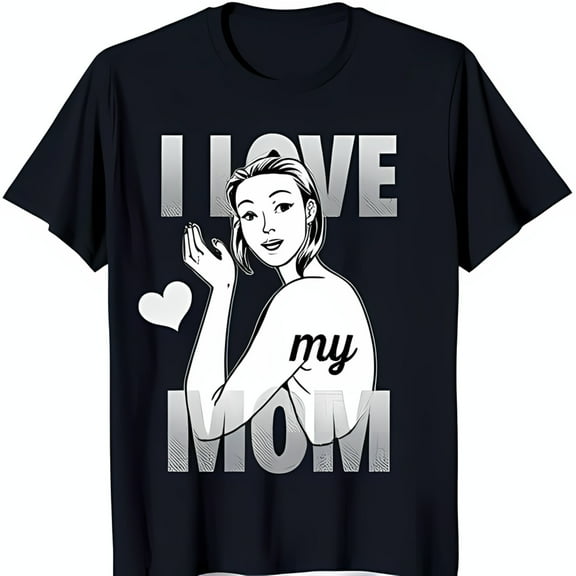 Stylish Black T-Shirt with White Design of Woman Holding Heart 'I Love My Mom' Graphic Tee