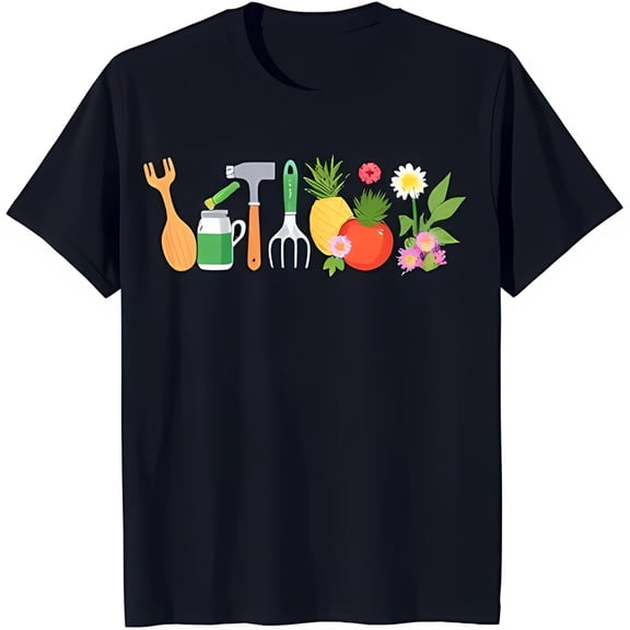 Stylish Black T-Shirt with White Gardening and Kitchen Graphic Design