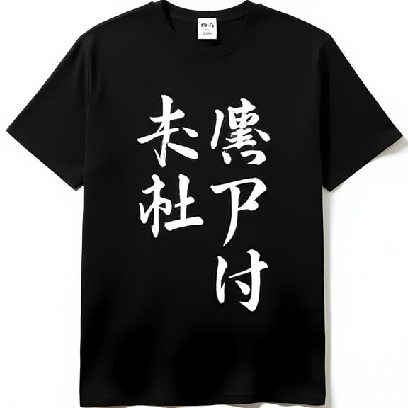 Stylish Black T-Shirt with White Japanese Calligraphy Graphic Unique Circular Design