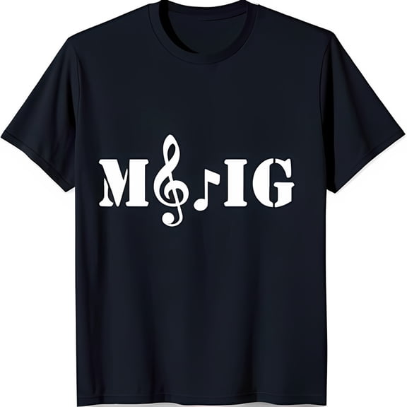 Stylish Black T-Shirt with White 'MUSIC' Graphic Featuring Treble