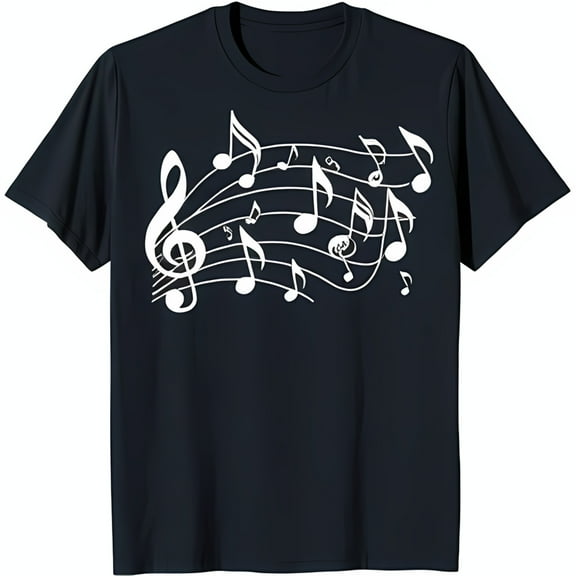Stylish Black T-Shirt with White Musical Notes & Treble Design for Music Lovers