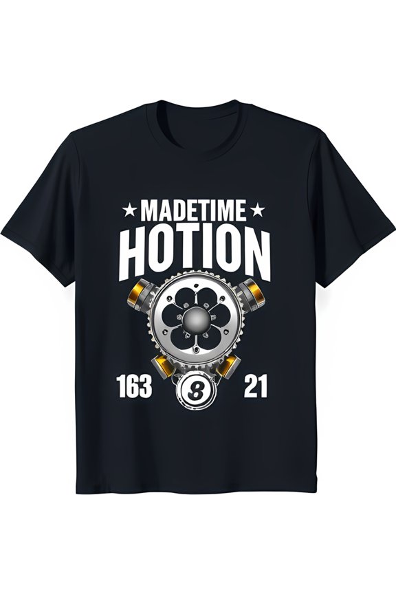 Stylish Black T-Shirt with White Stars & 'MADETIME HOTION' Text Engine Design with Numbers 163 21 & Silver 8