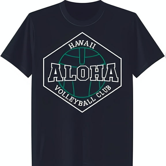 Stylish Black T-Shirt with White Volleyball Graphic & 'HAWAII ALOHA VOLLEYBALL CLUB' Design
