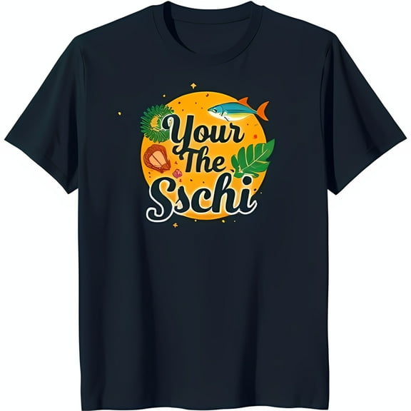 Stylish Black T-Shirt with Yellow Circle Design Featuring Fish Wreath Flower & Leaf Unique Handwritten 'Your the Ssch' Graphic