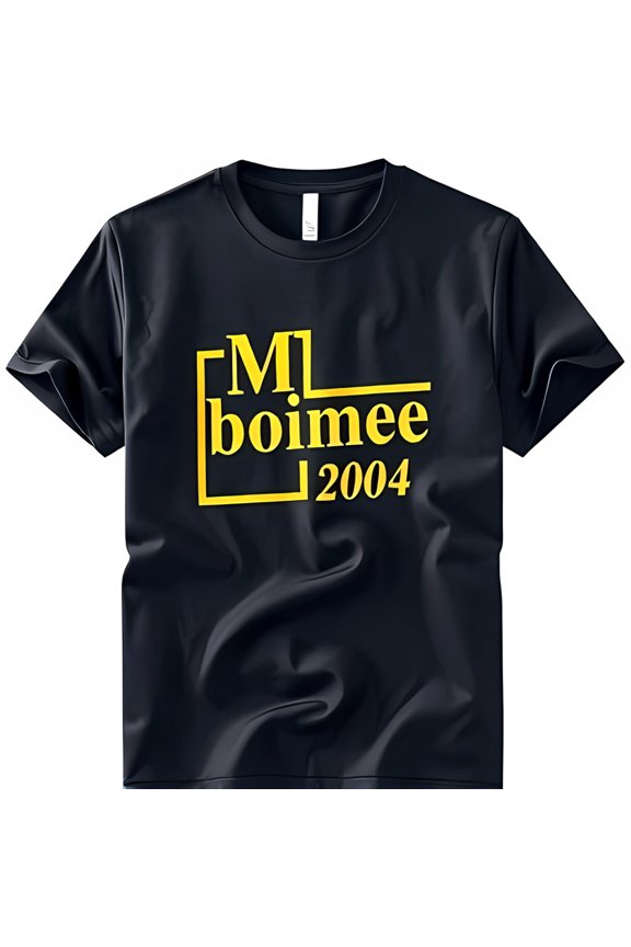 Stylish Black T-Shirt with Yellow Graphic Box 'MI boimee 2004' Design