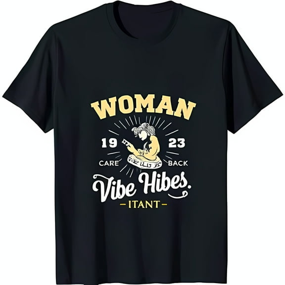 Stylish Black T-Shirt with Yellow Graphic: 'Woman 19 Care 23' & Cartoon Design