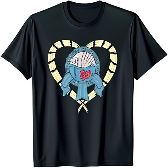 Stylish Black T-Shirt with Yellow Rope Heart Graphic & Blue Ribbon Design