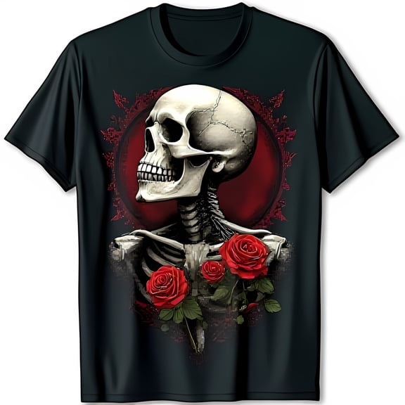 Stylish Black T-Shirt with and Roses Graphic Design Unique Chest Art