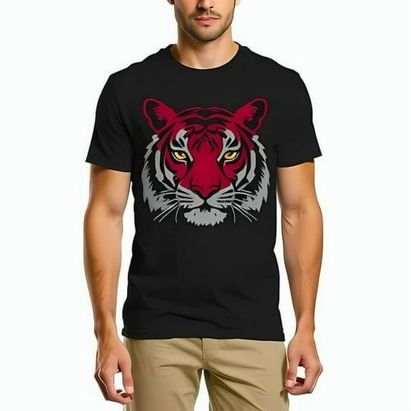 Stylish Black Tiger Graphic T-Shirt for Men - Bold Red and Grey Design Crew Neck Casual Wear