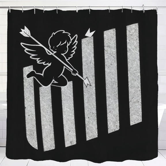 Stylish Black & White Cherub Shower Curtain - Waterproof Fabric 70.8" x 70.8" Modern Stripes & Playful Design with Grommets & Hooks