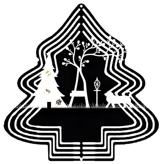 Stylish Black & White Metal Christmas Tree Wind Spinner - Unique Garden Decoration with Tree Bench & Lamp Post Design