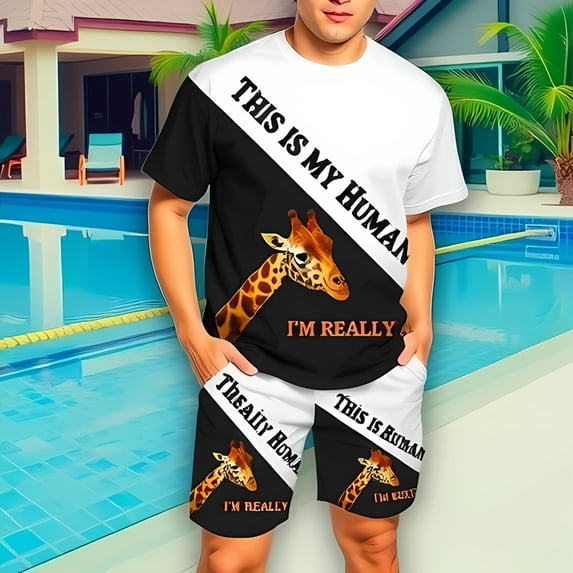 Stylish Black and White Diagonal Split T-Shirt and Shorts Set with Playful Giraffe Graphic - " This is my human " - Leisure Wear