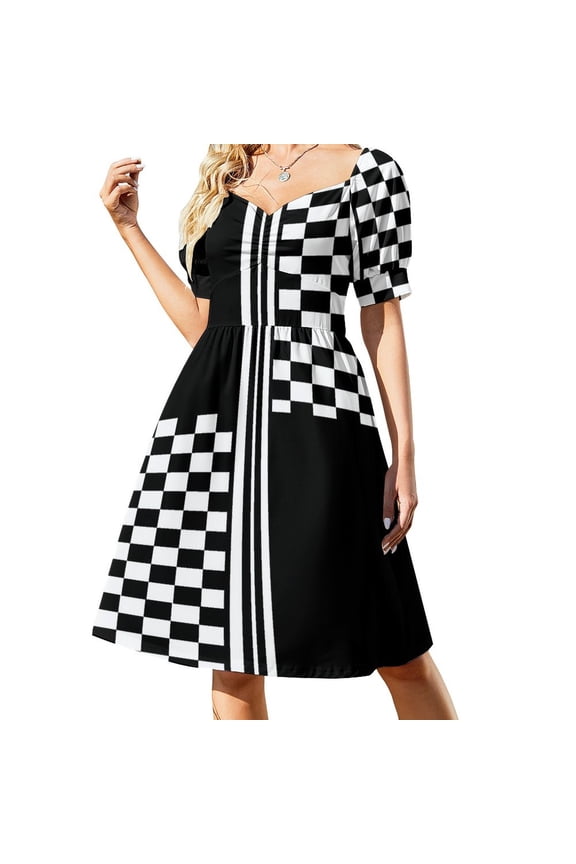 Stylish Black and white check and stripes Sleeveless Dress birthday dress for women