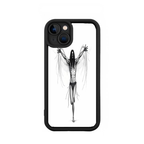 Stylish Black iPhone 15 Case - Lightweight Yellowing Resistant with Abstract Humanoid Figure Design