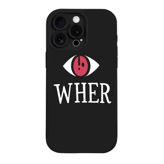 Stylish Black iPhone 15 Pro Case with Red Eye Symbol & Bold ' WHER ' Text - Lightweight Yellowing Resistant Design