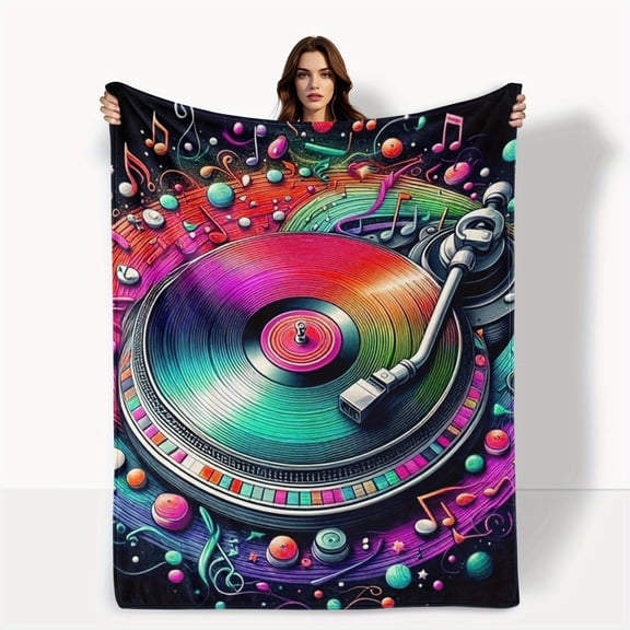 Stylish Blanket With CD Design Black Background Musical Notes And Colorful Orbs For A Modern Aesthetic Ideal For Enhancing Your Space Or For Travel Use In A Unique And Trendy Design 280gsm