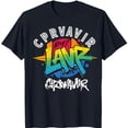 thumbnail image 1 of Stylish Blue T-Shirt with Colorful 'LAVR' Graphic Rainbow Letters & '1047' Design, 1 of 5