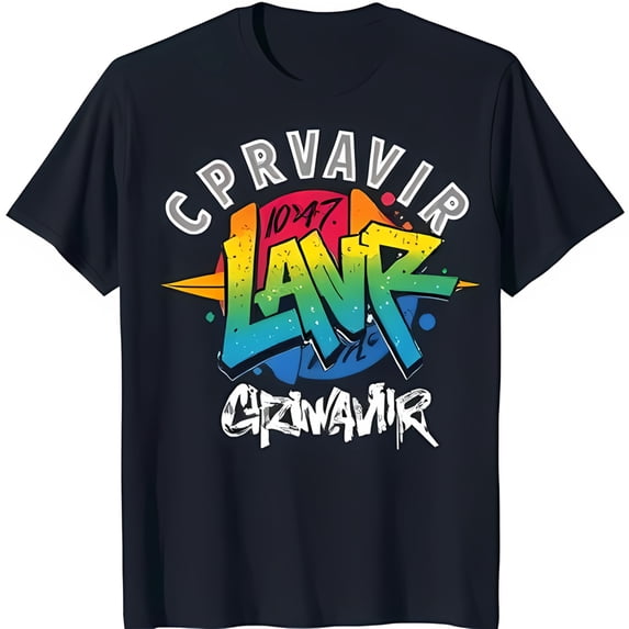 Stylish Blue T-Shirt with Colorful 'LAVR' Graphic Rainbow Letters & '1047' Design