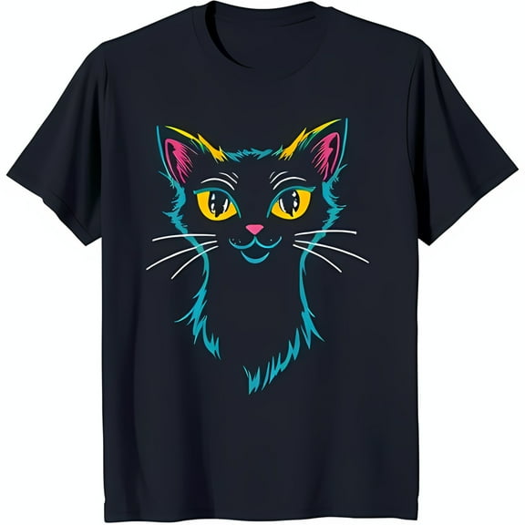 Stylish Blue T-Shirt with Playful Black Cat Face Graphic & Colorful Accents