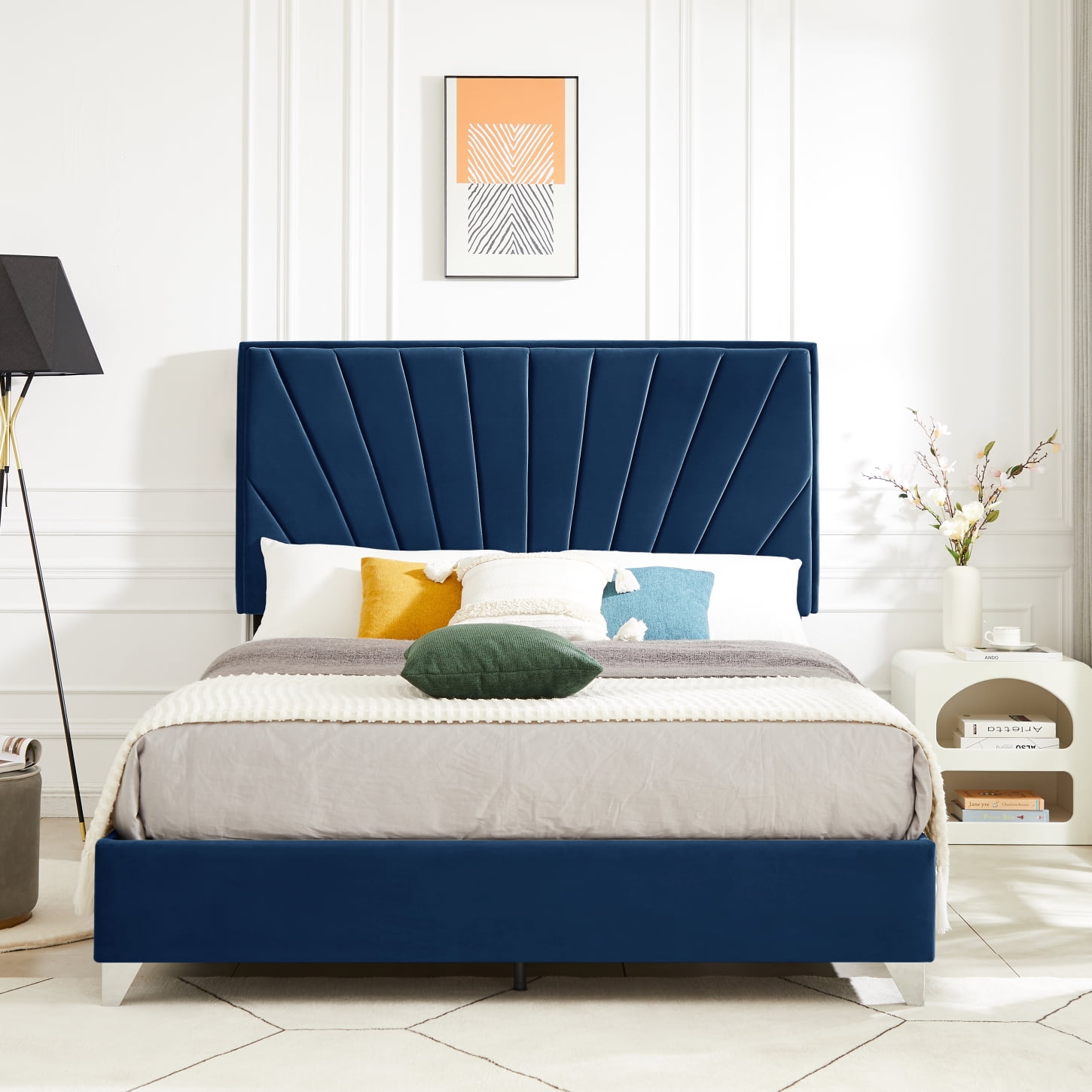 Stylish Blue Velvet Full Bed Elevated by a Line Stripe Cushion Headboard, Sturdy Wooden Slats