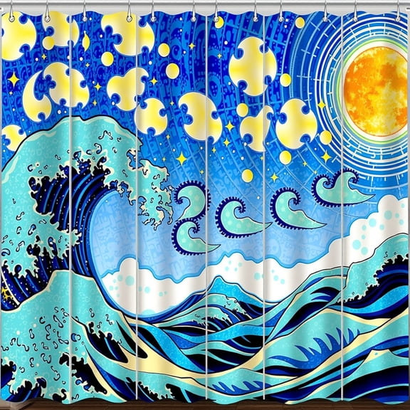 Stylish Blue Wave Shower Curtain with Swirling Clouds & Yellow Sun - Ocean Theme Decor