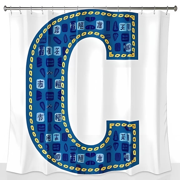 Stylish Blue and Yellow Letter 'C' Shower Curtain with Decorative Chinese Character Pattern - Modern Bathroom Decor