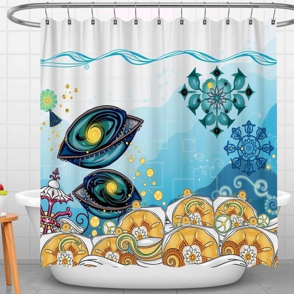 Stylish Blue and Yellow Shower Curtain with Floral and Eye Patterns