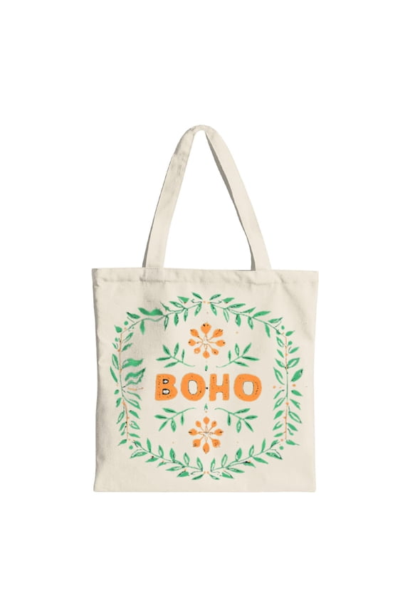 Stylish Boho Tote Bag - Natural Beige Canvas with Orange ' BOHO ' Text & Green Floral Patterns - Perfect for Shopping Travel & Parties
