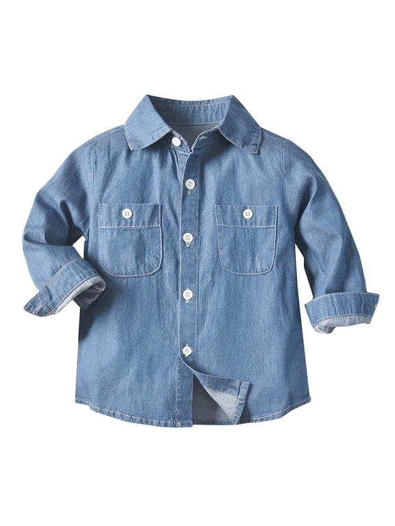 Kids Denim Shirt Boys Long Sleeve Lapel Top Casual Gentleman Style Comfortable Durable Versatile Clothing for Toddler to Youth
