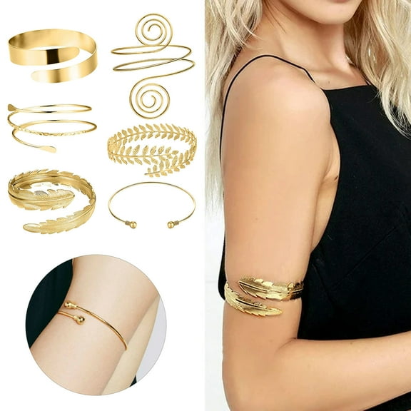 Elegant Metal Arm Bracelet Set for Women - European Leaf and Geometric Spiral Design Adjustable Fashion Accessories for Every Occasion