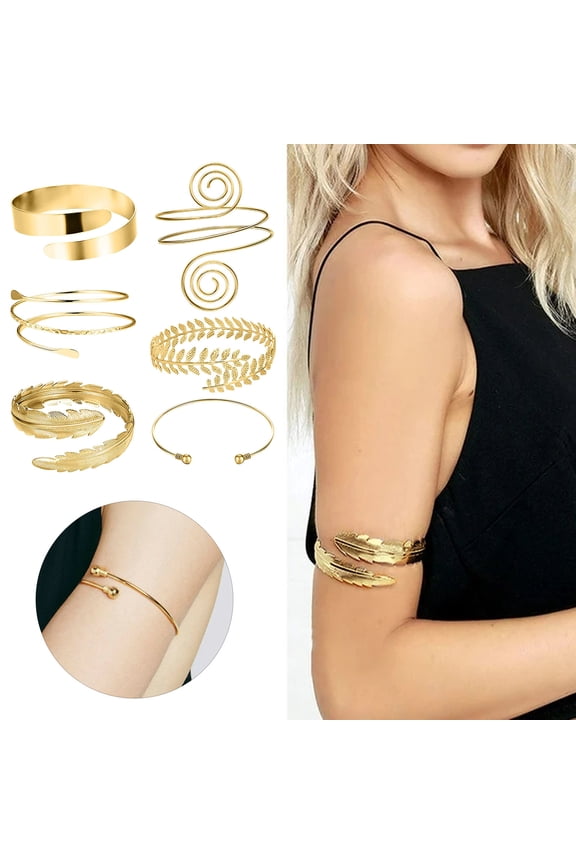 Elegant Metal Arm Bracelet Set for Women - European Leaf and Geometric Spiral Design Adjustable Fashion Accessories for Every Occasion